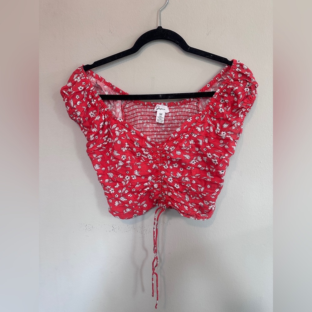 🛍️ 2 for $10 Red Floral Cottagecore Cute Summer Ruched Crop Top - M